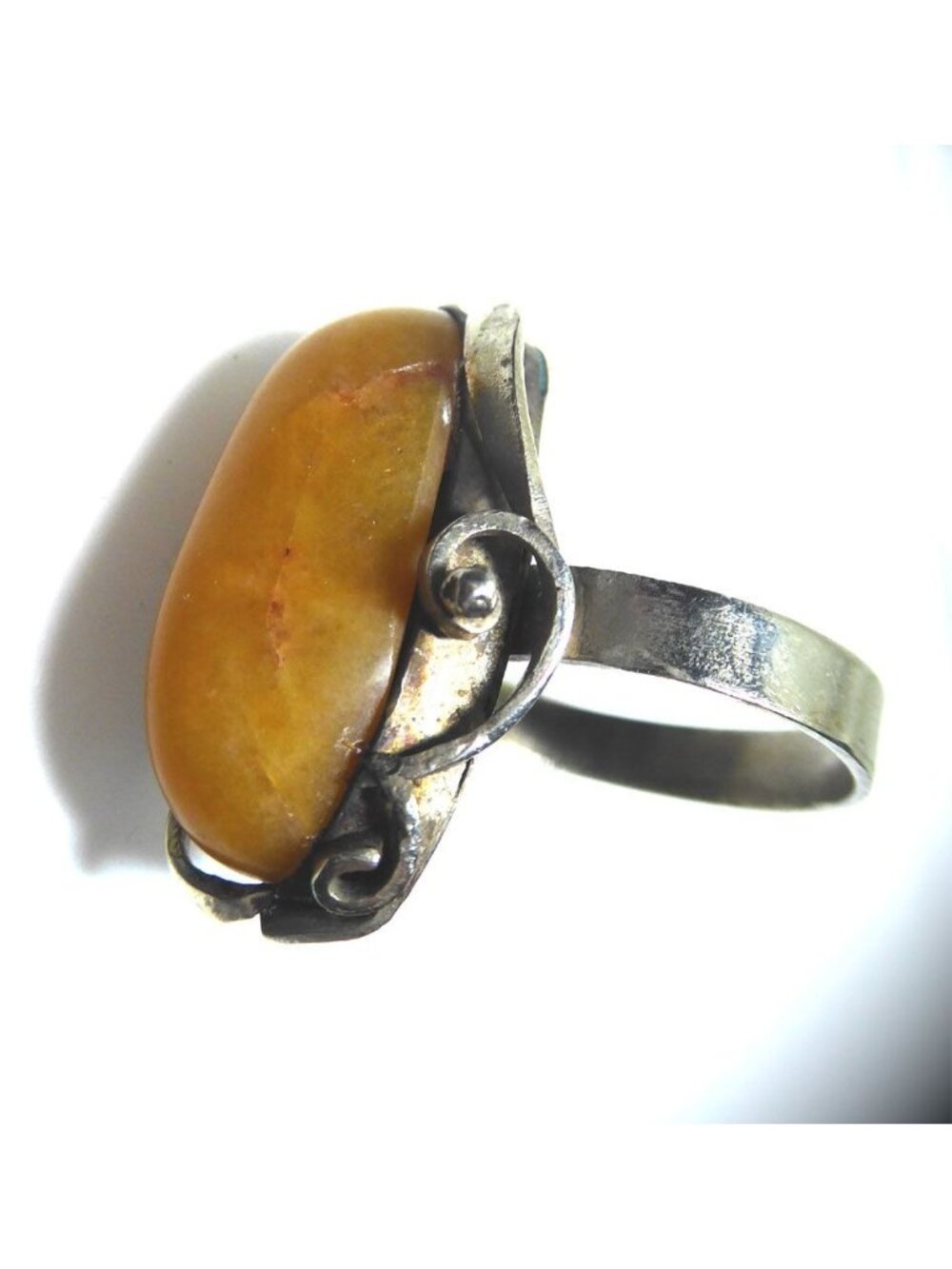 Vintage Mid Century Yellow Agate Silver Scroll Statement Artisan Ring Size 8.5
